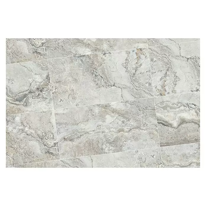 Feinsteinzeugfliese Phantasia - 60 x 120 cm, Grau, Matt - Hellgraue und braune Marmorfliesen mit weißen Fugen, bilden eine strukturierte Oberfläche.