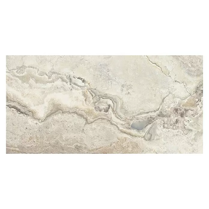 Feinsteinzeugfliese Phantasia - 60 x 120 cm, Beige, Matt - Helle beigefarbene Marmorplatte mit natürlichen, wellenförmigen Mustern und dunkleren Adern.