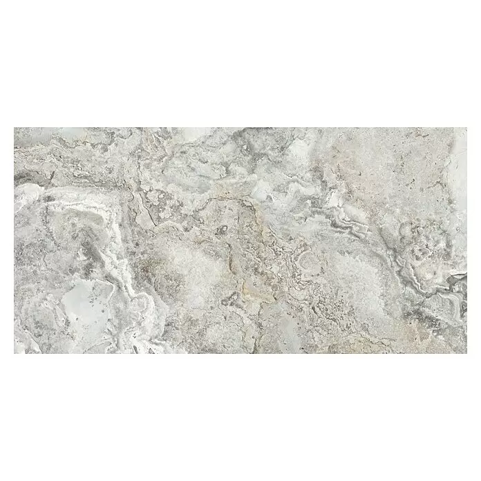 Feinsteinzeugfliese Phantasia - 60 x 120 cm, Grau, Matt - Nahtlose hellgraue und beige Natursteintextur mit komplexen Mustern.