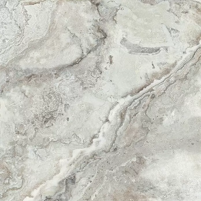 Feinsteinzeugfliese Phantasia - 120 x 120 cm, Grau, Matt - Helle grau-braune Marmorstruktur mit natürlichen Wirbelmustern und Adern.