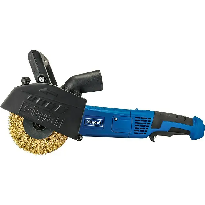 Scheppach Renovierungsschleifer MRS1300 - 1.300 W, 900 U/min - 3.200 U/min - Abbildung einer Scheppach Bürstenschleifmaschine mit Messingbürste. Ideal zum Reinigen von Oberflächen und zur Metallbearbeitung.