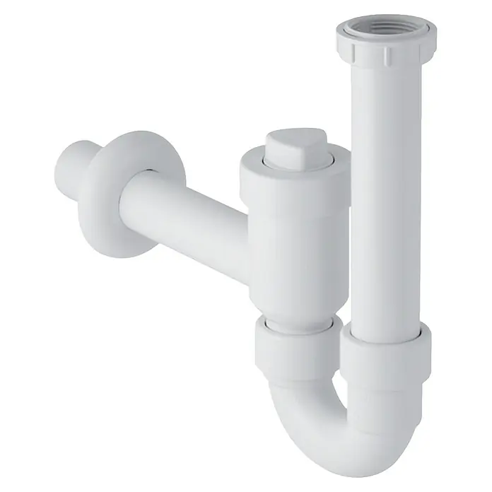 Geberit Rohrbogen - Durchmesser: 40 mm, Weiß - Eine Nahaufnahme eines weißen Siphon, das typischerweise unter Waschbecken zu finden ist, gegen einen schwarzen Hintergrund.
