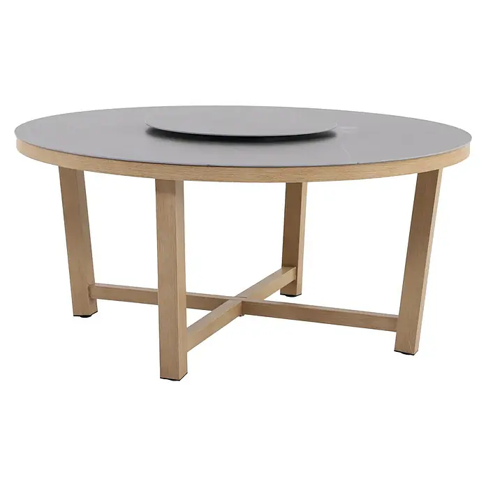 MWH Gartenmöbel-Set - 7 -tlg., Aluminium/Fairstone, Night-Grey/Braun - Ein runder Esstisch mit einer grauen Tischplatte und einem hellen Holzgestell, mit einer Drehplatte in der Mitte.