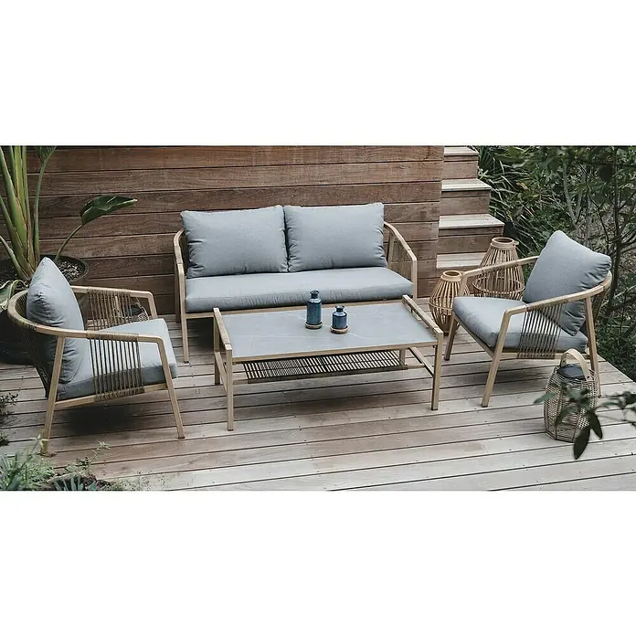 MWH Wicker Loungemöbel-Set - 4 -tlg., Aluminium, Grau/Naturbraun - Outdoor-Lounge-Set mit einem Sofa, zwei Sesseln und einem Couchtisch, perfekt für entspannte Stunden im Garten oder auf der Terrasse.