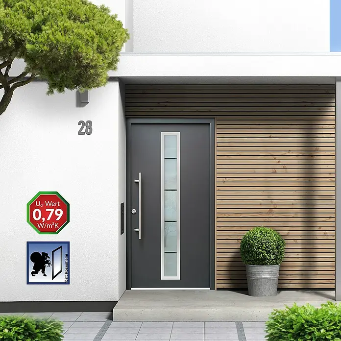 Splendoor Haustür Thermodoor PLUS SP70 RC2 - 110 x 210 cm, DIN Anschlag: Links, Anthrazitgrau Feinstruktur - Bild einer modernen Haustür in Anthrazit mit Glaseinsatz, umgeben von einer stilvollen Fassade mit Holzverkleidung und grüner Bepflanzung.