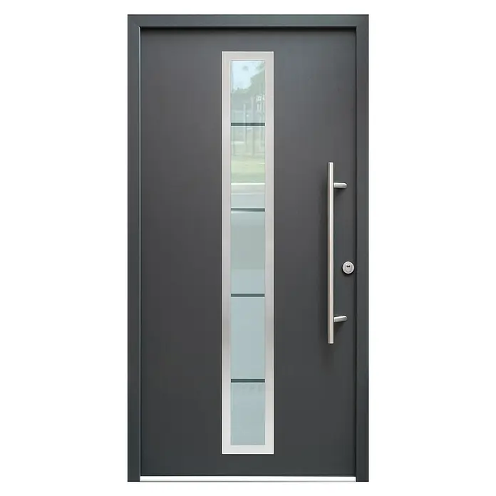 Splendoor Haustür Thermodoor PLUS SP70 RC2 - 110 x 210 cm, DIN Anschlag: Rechts, Anthrazitgrau Feinstruktur - Moderne Haustür in Anthrazit mit schmalem Glaseinsatz und einem langen, geraden Türgriff aus Edelstahl, der elegant und einladend wirkt.