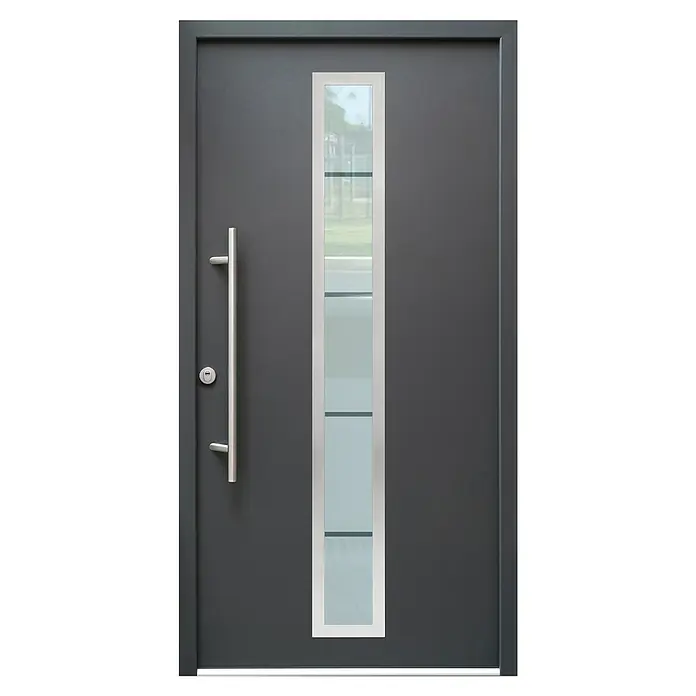 Splendoor Haustür Thermodoor PLUS SP70 RC2 - 110 x 210 cm, DIN Anschlag: Links, Anthrazitgrau Feinstruktur - Moderne Eingangstür aus Anthrazit mit einem vertikalen Fensterband und einem Edelstahlgriff.