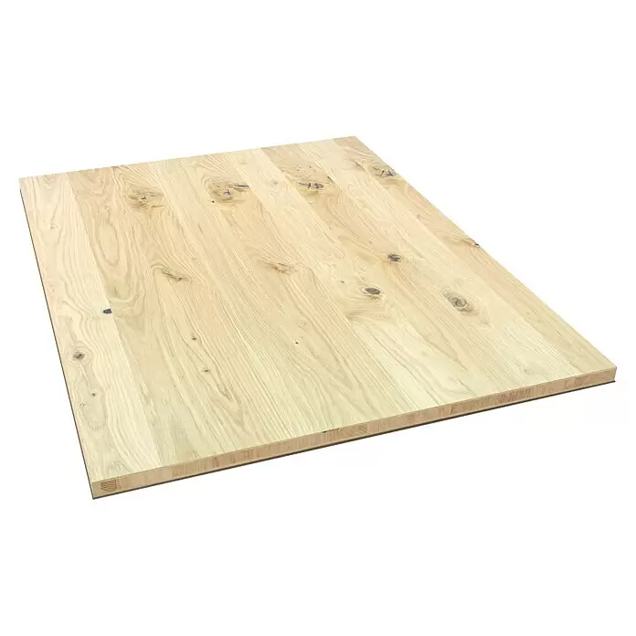 3-Schichtplatte Wildeiche massiv - Eiche, 900 x 600 x 20 mm - Helle Eichenholzplatte mit Naturmaserung und Ästen, geeignet als Tischplatte oder Arbeitsplatte.
