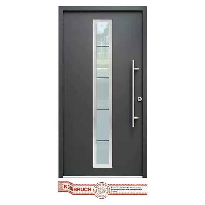 Splendoor Haustür Thermodoor PLUS SP70 RC2 - 110 x 210 cm, DIN Anschlag: Rechts, Anthrazitgrau Feinstruktur - Dunkelgraue Eingangstür mit vertikalem Glaseinsatz, langem Edelstahlgriff und einem Sicherheitssiegel unten.