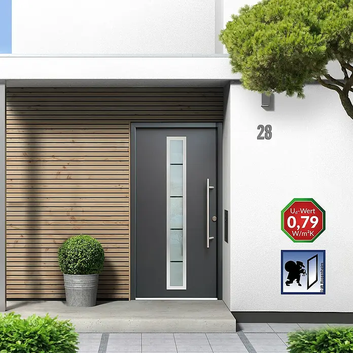 Splendoor Haustür Thermodoor PLUS SP70 RC2 - 110 x 210 cm, DIN Anschlag: Rechts, Anthrazitgrau Feinstruktur - Elegante Haustür in Anthrazit mit Glaseinsatz. Die Tür ist mit einem Wärmedämmwert von 0,79 W/m²K ausgezeichnet.