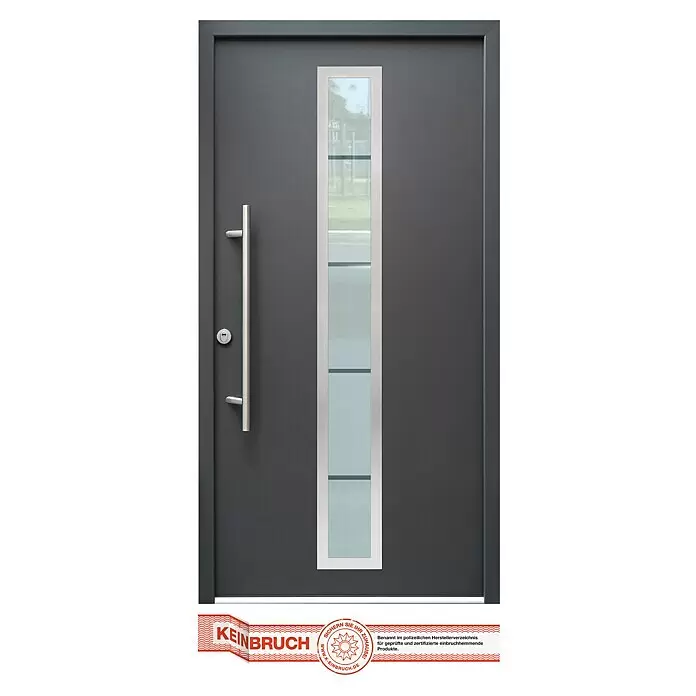 Splendoor Haustür Thermodoor PLUS SP70 RC2 - 110 x 210 cm, DIN Anschlag: Links, Anthrazitgrau Feinstruktur - Dunkelgraue Eingangstür mit vertikalem Glaseinsatz, langem Metallgriff und Sicherheitssiegel.