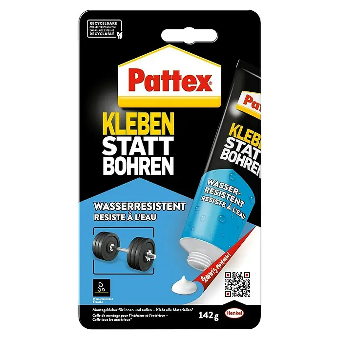 Pattex Kleben statt Bohren Montagekleber Wasserresistent - 142 g - Produktabbildung von Pattex Kleben statt Bohren Montagekleber, wasserfest, in einer 142g-Packung, ideal für Innen- und Außenanwendungen.
