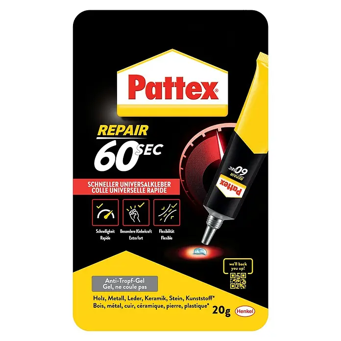 Pattex Alleskleber 60 sec. - 20 g, Gelartig, Gebrauchsfertig - Pattex Repair 60 Sekunden Universalkleber-Verpackung. Schnelle Reparatur für Holz, Metall, Leder, Keramik, Stein und Kunststoff.