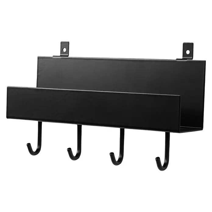 Millex Regal - L x B x H: 7 x 21,5 x 7 cm, Passend für: Akustikpaneele, Montageart: Einhängen - Ein minimalistischer, schwarzer Schlüsselbrett mit Briefablage und vier Haken für Schlüssel oder andere kleine Gegenstände.