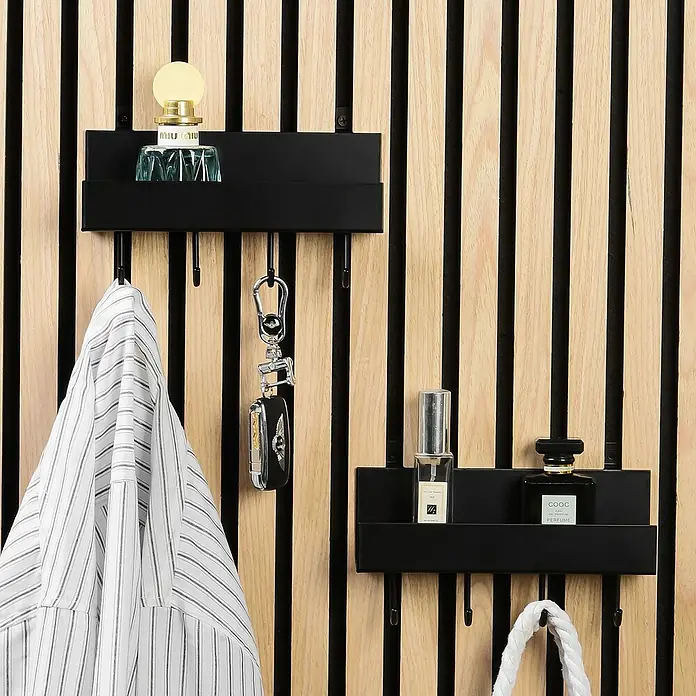 Millex Regal - L x B x H: 7 x 21,5 x 7 cm, Passend für: Akustikpaneele, Montageart: Einhängen - Schwarzer Wandhalter mit Haken für Schlüssel, Jacken und Dekorationen, ideal für Flur oder Eingangsbereich. Praktisch und stilvoll!