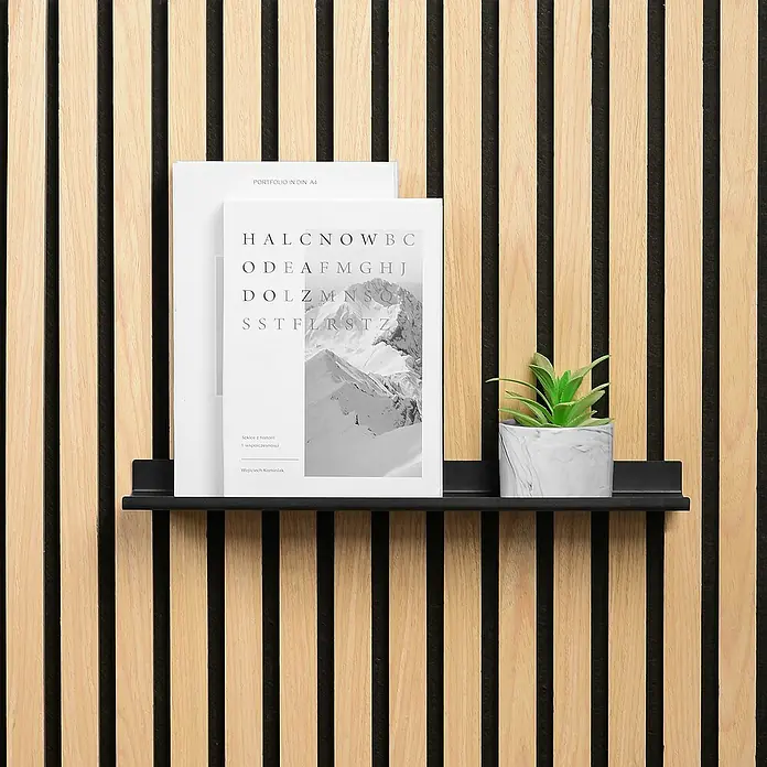 Millex Regal - L x B x H: 10 x 40 x 2,5 cm, Passend für: Akustikpaneele, Montageart: Einhängen - Schweberegal mit Büchern und einer kleinen Pflanze vor einer Wand mit Holzpaneelen. Dekorative Wandgestaltung mit praktischem Nutzen.