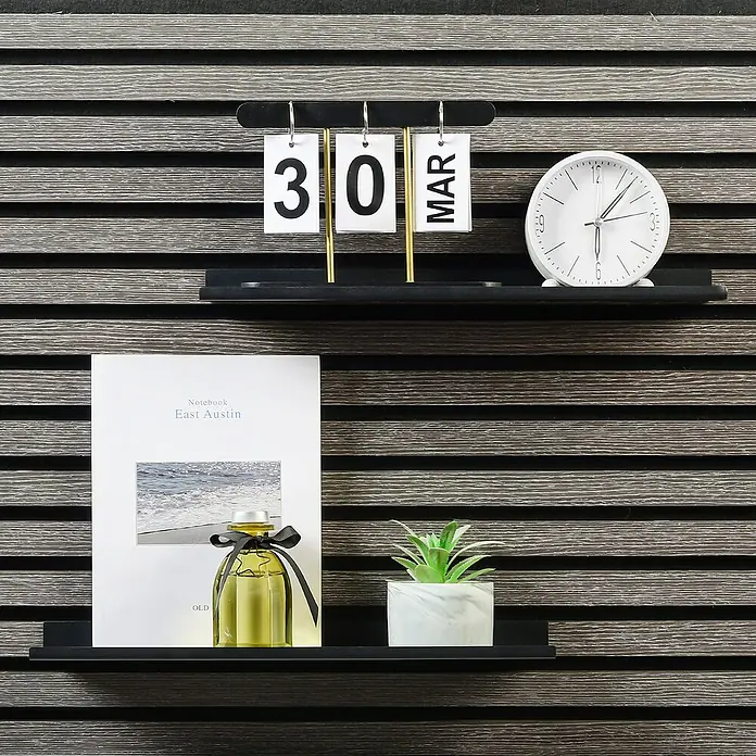 Millex Regal - L x B x H: 10 x 40 x 2,5 cm, Passend für: Akustikpaneele, Montageart: Einhängen - Wandregale mit Kalender, Uhr, Notizbuch, Duftöl und Topfpflanze als minimalistische Dekoration.