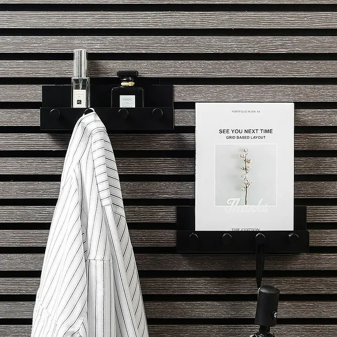 Millex Regal - L x B x H: 5 x 21,5 x 7 cm, Passend für: Akustikpaneele, Montageart: Einhängen - Schwarze Wandgarderobe mit Ablage für Parfüm und Hemd. Dekoriert mit Print und Regenschirm, perfekte Ordnung für Zuhause.