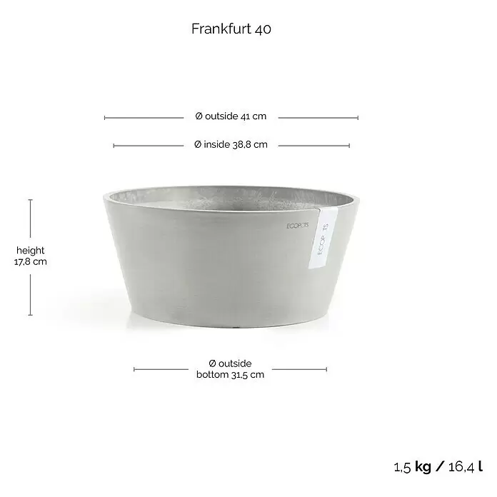 Ecopots Pflanzschale rund Frankfurt - Außenmaß (Ø x H): 41 x 17,8 cm, Kunststoff, Weiß Grau - Hellgrauer runder Pflanztopf mit Maßen (Höhe 17,8 cm, Ø oben 41 cm, Ø unten 31,5 cm, 16,4 L Volumen).
