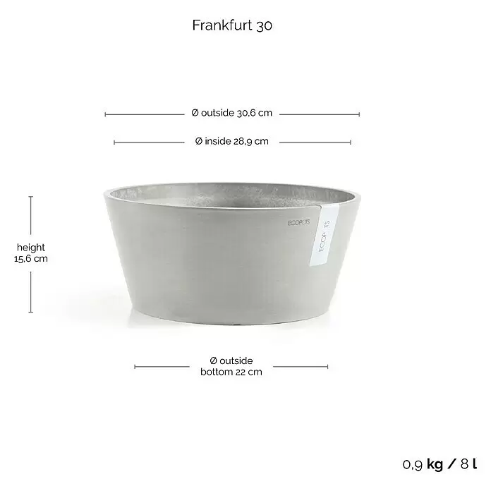 Ecopots Pflanzschale rund Frankfurt - Außenmaß (Ø x H): 30,6 x 15,6 cm, Kunststoff, Weiß Grau - Hellgrauer, runder, konischer Pflanzkübel Frankfurt 30. Maße: Höhe 15,6 cm, oben Ø 30,6 cm, unten Ø 22 cm, 0,9 kg / 8 L.