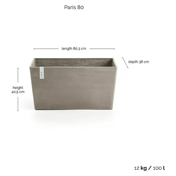 Ecopots Pflanzkasten Paris - Außenmaß (L x B x H): 80,3 x 38 x 40,5 cm, Kunststoff, Braungrau - Großer rechteckiger grauer ECOPOTS Pflanzkübel, Modell Paris 80.
