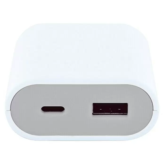 Schwaiger USB-Ladekabel USB A, USB C - 2,5 m, Weiß, Typ C (CEE 7/16) - Weißer Powerbank mit grauer Frontfläche, einem USB-C-Anschluss und einem USB-A-Anschluss.