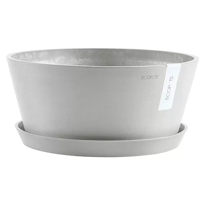 Ecopots Pflanzschale rund Frankfurt - Außenmaß (Ø x H): 41 x 17,8 cm, Kunststoff, Weiß Grau - Hellgrauer Ecopots Blumentopf mit passendem Untersetzer.