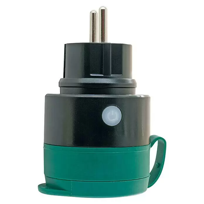 Schwaiger WiFi-Schaltsteckdose Außen - Außen, IP44, Schwarz, Grün - Schwarz-grüner Smart-Steckeradapter mit zwei Metallstiften, einem Einschaltknopf und einem grünen Griff.