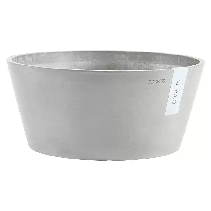 Ecopots Pflanzschale rund Frankfurt - Außenmaß (Ø x H): 30,6 x 15,6 cm, Kunststoff, Weiß Grau - Heller, grauer, texturierter ovaler Pflanztopf.