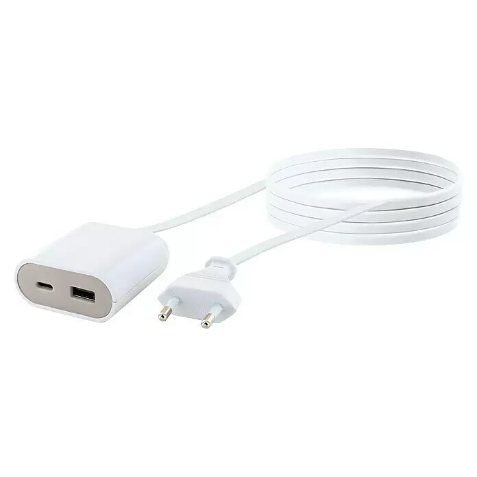 Schwaiger USB-Ladekabel USB A, USB C - 2,5 m, Weiß, Typ C (CEE 7/16) - Weißes USB-Ladegerät mit USB-C- und USB-A-Anschlüssen, aufgerolltem Kabel und europäischem Stecker.