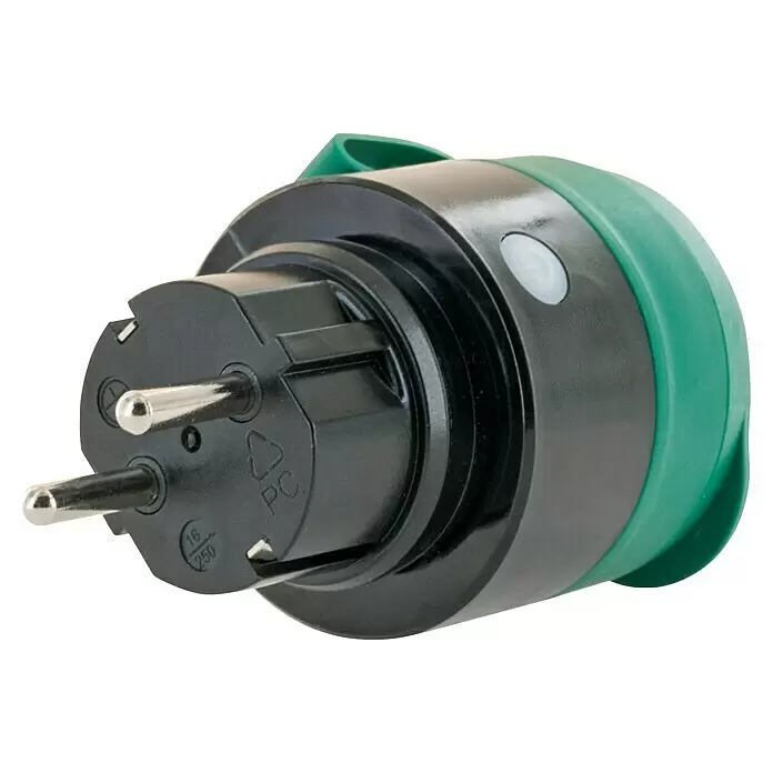 Schwaiger WiFi-Schaltsteckdose Außen - Außen, IP44, Schwarz, Grün - Schwarzer europäischer Netzstecker aus Kunststoff mit zwei Metallstiften und grünem Schutzring.