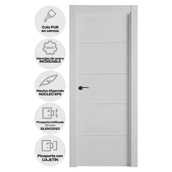 Pack puerta de interior Recife - 72,5 x 203 cm, Derecha, Blanco - Imagen de una moderna puerta interior blanca que presenta un diseño elegante y herrajes de alta calidad para un espacio habitable elegante.