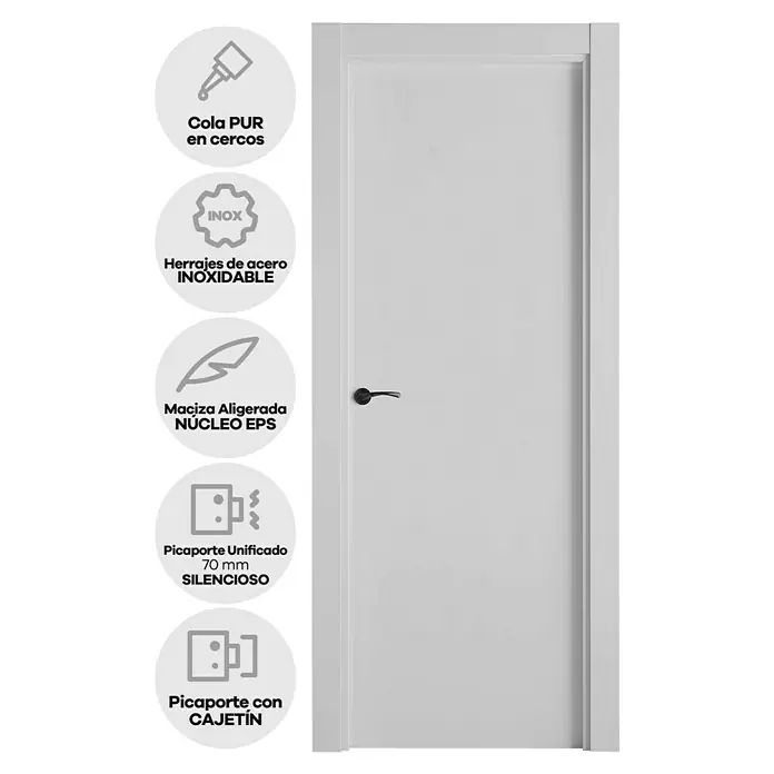 Pack puerta de interior Barbados - 72,5 x 203 cm, Derecha, Blanco - Elegante puerta interior blanca con cola PUR, herrajes de acero inoxidable, núcleo EPS, picaporte unificado y silencioso para un hogar elegante.