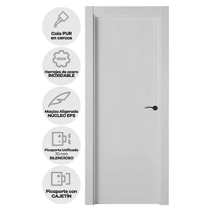Pack puerta de interior Barbados Evo - 82,5 x 203 cm, Izquierda, Blanco - Imagen de una puerta interior blanca con herrajes y detalles técnicos destacados.