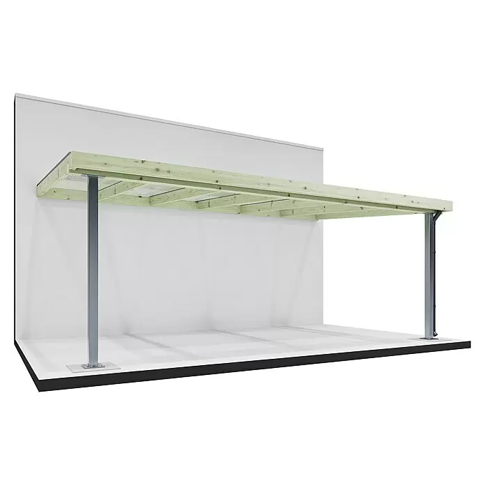 Joda Terrassenüberdachung Classic - B x T: 607 x 364 cm, KDI grün, Kiefer KDI, Stahlstützen, Dacheindeckung aus Stegplatten - Hellgrüne Holzpergola mit dunkelgrauen Metallstützen, als Anlehnüberdachung konzipiert.