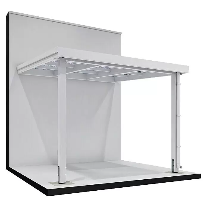Joda Terrassenüberdachung Select - B x T: 317 x 314 cm, Weiß, Fichte-LH, Dacheindeckung aus Licht-Wellplatten - Weiße, wandmontierte Pergola mit integrierter LED-Beleuchtung und zwei Stützpfosten.