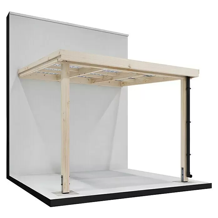 Joda Terrassenüberdachung Perfect - B x T: 317 x 314 cm, Natur, Fichte-BSH, Dacheindeckung aus Licht-Wellplatten - Holzpergola-Rahmen an einer Wand mit schwarzem Stützpfosten.