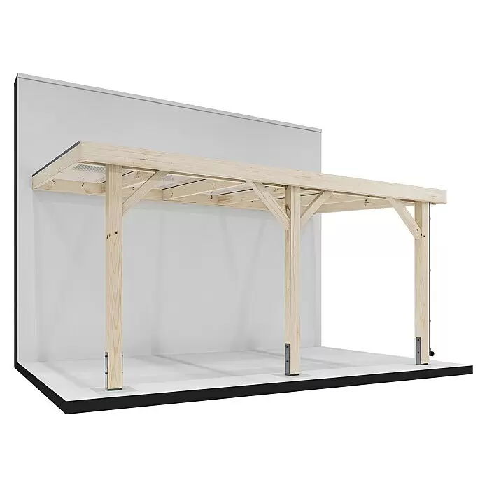Joda Terrassenüberdachung Perfect - B x T: 507 x 314 cm, Natur, Fichte-BSH, Dacheindeckung aus Stegplatten - An der Wand befestigte Holzpergola mit transparentem Dach, hellen Holzpfosten und -balken sowie Metallfüßen.
