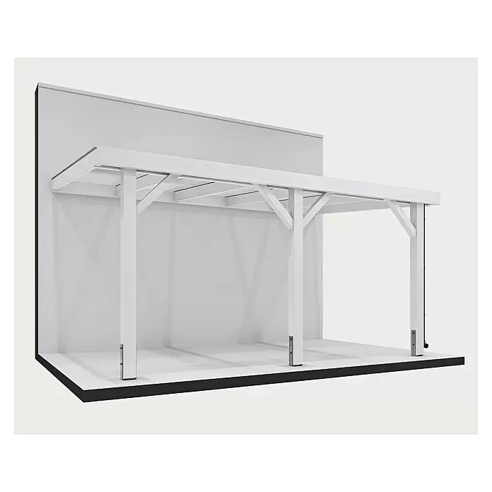 Joda Terrassenüberdachung Select - B x T: 507 x 314 cm, Weiß, Fichte-LH, Dacheindeckung aus Stegplatten - Weiße modulare Pergola-Struktur mit Lamellendach, Stützpfosten, integrierter Rückwand und schwarzem Sockel.