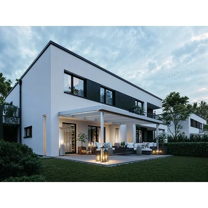 Joda Terrassenüberdachung Select - B x T: 607 x 364 cm, Weiß, Fichte-LH, Stahlstützen, Dacheindeckung aus Stegplatten - Modernes Haus mit Terrassenmöbeln und Aussenbeleuchtung. Elegantes Design für komfortables Wohnen im Freien, ideal für entspannte Abende.