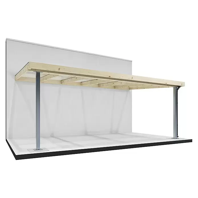 Joda Terrassenüberdachung Natur - B x T: 607 x 364 cm, Natur, Lärche, Stahlstützen, Dacheindeckung aus Stegplatten - Holz-Carportstruktur mit hellen Holzbalken und grauen Metallstützen.