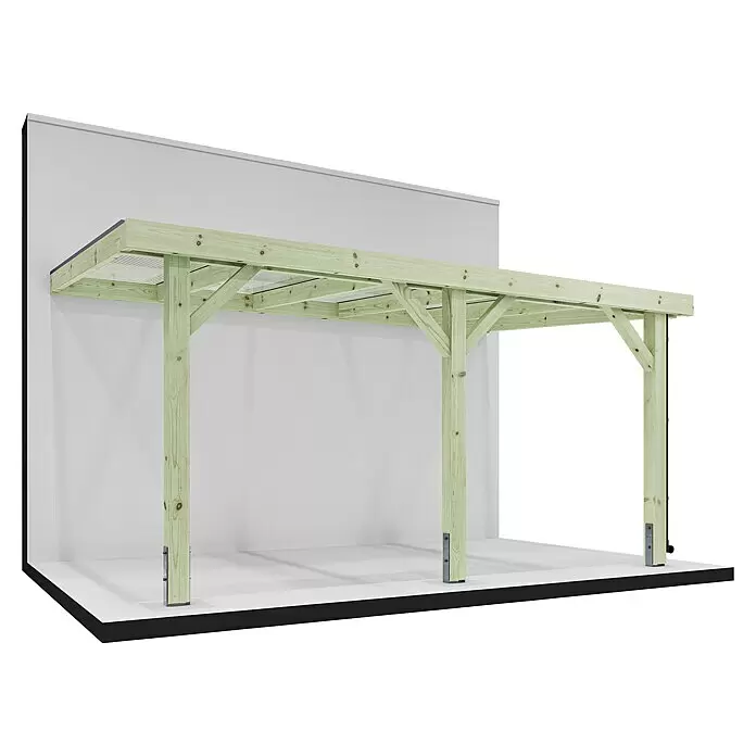 Joda Terrassenüberdachung Classic - B x T: 507 x 314 cm, KDI grün, Kiefer KDI, Dacheindeckung aus Stegplatten - Wandmontierte hellgrüne Holzpergola mit transparenten Dachplatten.