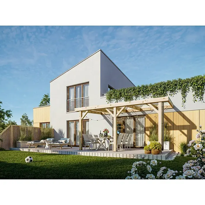 Joda Terrassenüberdachung Natur - B x T: 507 x 314 cm, Natur, Lärche, Dacheindeckung aus Stegplatten - Moderne Hausansicht mit Gartenmöbeln und Pergola. Die Terrasse lädt zum Verweilen ein.