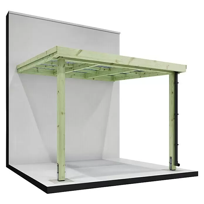 Joda Terrassenüberdachung Classic - B x T: 317 x 314 cm, KDI grün, Kiefer KDI, Dacheindeckung aus Licht-Wellplatten - Grüne imprägnierte Holzpergola-Struktur mit Dachrahmen, Pfosten und schwarzem Abflussrohr, an einer weißen Wand montiert.