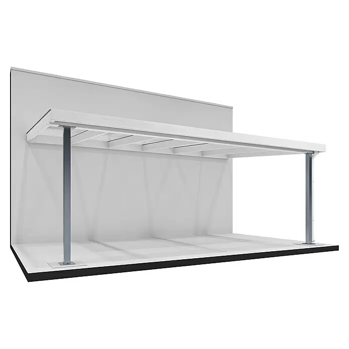 Joda Terrassenüberdachung Select - B x T: 607 x 364 cm, Weiß, Fichte-LH, Stahlstützen, Dacheindeckung aus Stegplatten - Weißer Messestand mit Überdachung, gestützt von zwei grauen Metallpfosten.