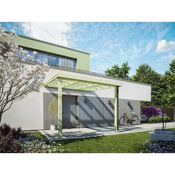 Joda Terrassenüberdachung Classic - B x T: 317 x 314 cm, KDI grün, Kiefer KDI, Dacheindeckung aus Licht-Wellplatten - Ein modernes Haus mit einer hellgrünen Pergola, die den Eingangsbereich beschattet. Das Gebäude hat eine schlichte, elegante Fassade.