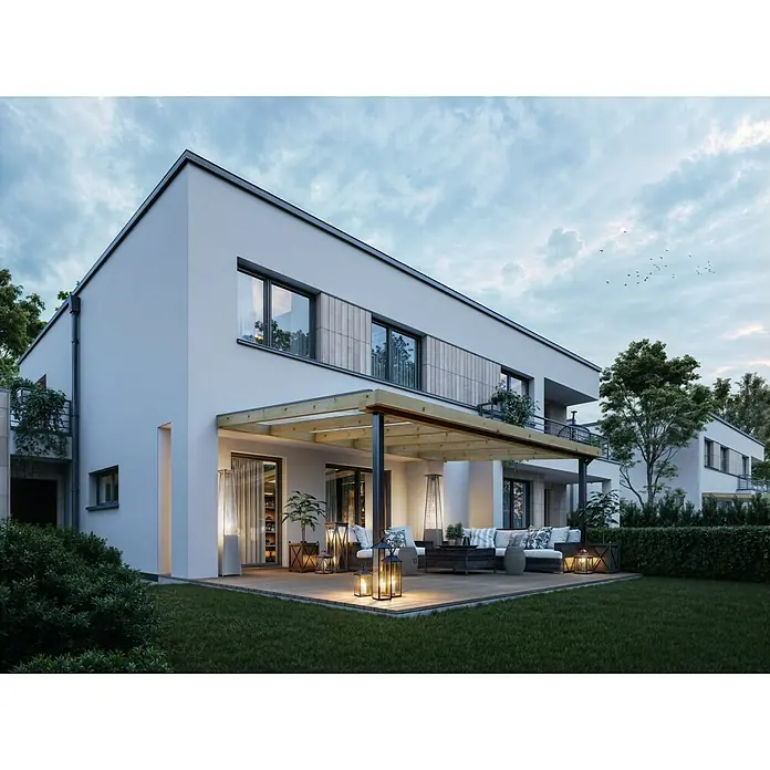 Joda Terrassenüberdachung Natur - B x T: 607 x 364 cm, Natur, Lärche, Stahlstützen, Dacheindeckung aus Stegplatten - Moderne Hausfassade mit Terrasse und Garten. Das architektonische Design wird durch klare Linien und eine stilvolle Außenanlage betont.