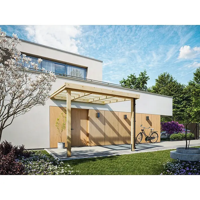 Joda Terrassenüberdachung Natur - B x T: 317 x 314 cm, Natur, Lärche, Dacheindeckung aus Licht-Wellplatten - Ein modernes Haus mit einem Holzrahmen-Carport, der Schatten spendet. Ein Fahrrad lehnt an der Wand, während Pflanzen und Bäume das Gebäude umgeben.