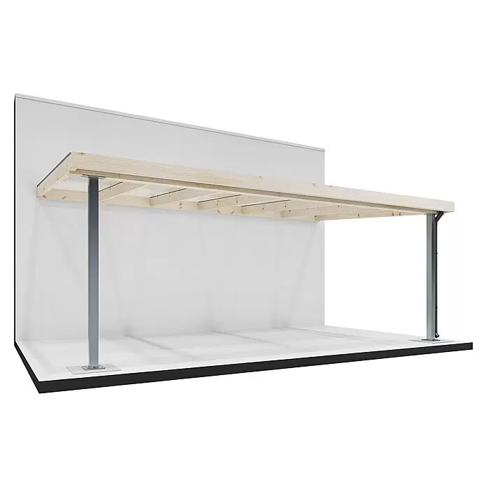 Joda Terrassenüberdachung Master - B x T: 607 x 364 cm, Natur, Fichte-KVH, Stahlstützen, Dacheindeckung aus Stegplatten - Holzpergola-Struktur mit hellen Balken und zwei grauen Metallstützen, entworfen als Außenschutz.
