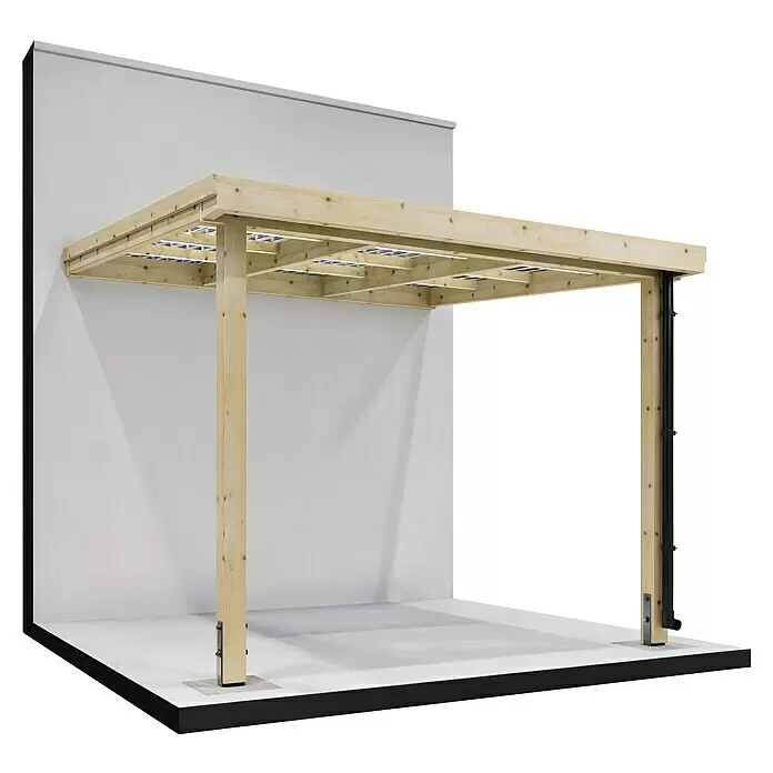 Joda Terrassenüberdachung Natur - B x T: 317 x 314 cm, Natur, Lärche, Dacheindeckung aus Licht-Wellplatten - Pergola aus hellem Holz an einer Wand, mit zwei vorderen Pfosten, Dachrahmen und schwarzem Fallrohr.